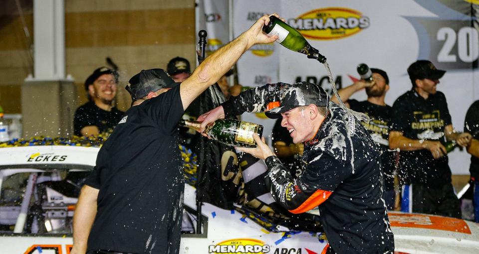 #15: Christian Eckes, Toyota Camry JBL Audio celebrates the race win and championship During the Kansas ARCA 150 for the ARCA Menards Series at Kansas Speedway, in Kansas City, KS on Friday, October 18, 2019.