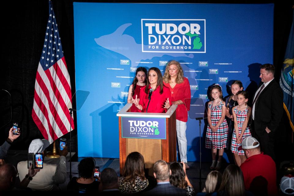 Tudor Dixon makes a victory speech after winning the Republican Party nomination for governor at the Amway Grand Plaza Hotel in downtown Grand Rapids on August 2, 2022.