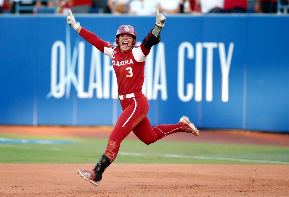 Oklahoma's Grace Lyons (3) celebrates a home run in the fifth inning during the second game of the Women's College World Championship Series between the Oklahoma Sooners and Florida State at USA Softball Hall of Fame Stadium in Oklahoma City, Thursday, June, 8, 2023. 