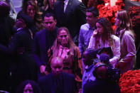 Jennifer Lopez and Alex Rodriguez leave after a celebration of life for Kobe Bryant and his daughter Gianna Monday, Feb. 24, 2020, in Los Angeles. (AP Photo/Marcio Jose Sanchez)