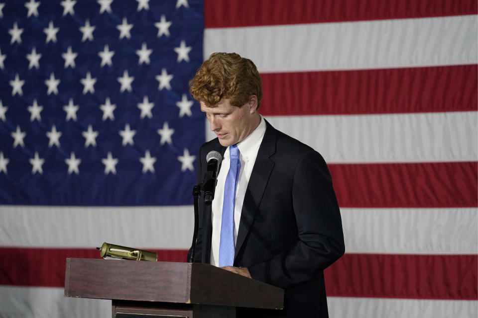 U.S. Rep. Joe Kennedy III speaks outside his campaign headquarters in Watertown, Mass., after conceding defeat to incumbent U.S. Sen. Edward Markey, Tuesday, Sept. 1, 2020, in the Massachusetts Democratic Senate primary. (AP Photo/Charles Krupa)