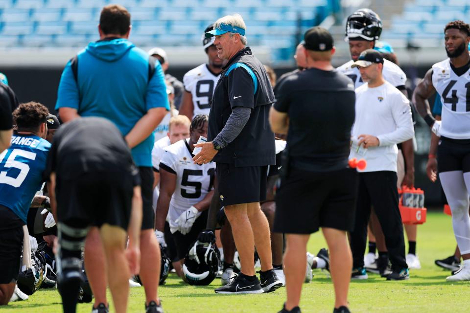 Jaguars head coach Doug Pederson talks to players after the third and final day of June's mandatory minicamp.