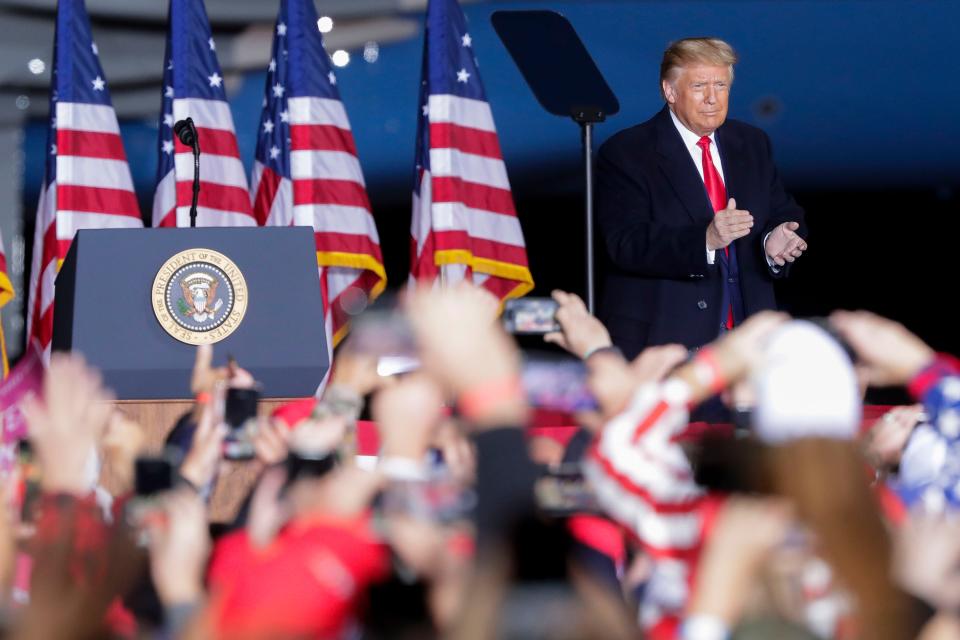 President Donald Trump acknowledges his supporters during a campaign rally on Thursday, Sept. 17, 2020, at the Central Wisconsin Airport in Mosinee, Wisconsin, which is in Marathon County.