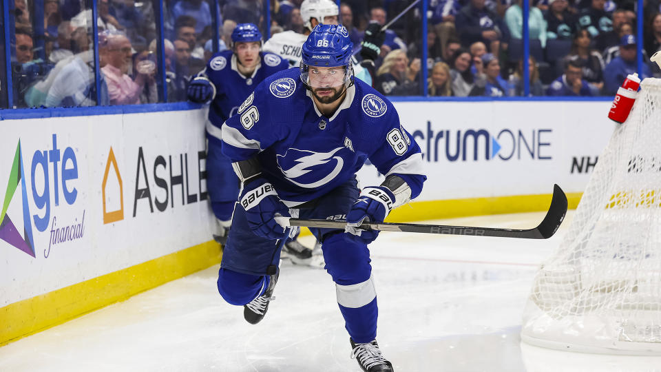 Lightning star Nikita Kucherov is up to his usual heroics early in the 2023-24 NHL season. (Photo by Mark LoMoglio/NHLI via Getty Images)