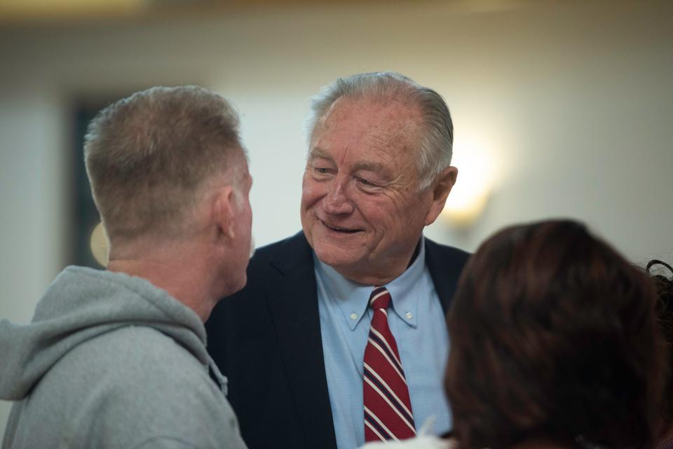 Pueblo Mayor Nick Gradisar speaks with supporters at his Pueblo mayoral runoff election night watch party on Tuesday, January 23, 2024.