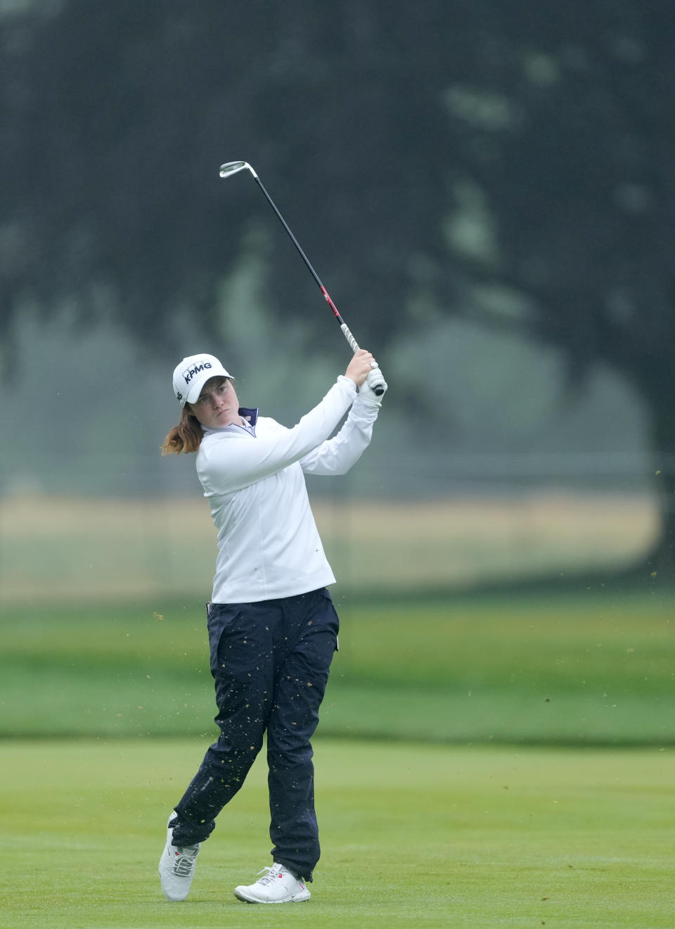 Leona Maguire, of Ireland, hits from the 13th fairway during the second round of the Women's PGA Championship golf tournament, Friday, June 23, 2023, in Springfield, N.J. (AP Photo/Matt Rourke)