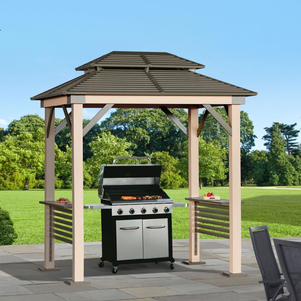 13) Taupe Metal Rectangle Grill Gazebo