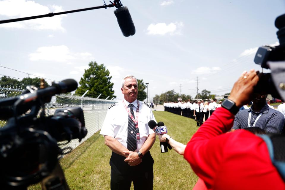 Capt. Chris Norman, chair of the FedEx ALPA Master Executive Council, speaks with media as FedEx Express pilots hold an informational picket on Wednesday, May 24, 2023, outside the FedEx Air Operations Center on Democrat Road in Memphis. The pilots have been in contract negotiations with FedEx management for the past two years.