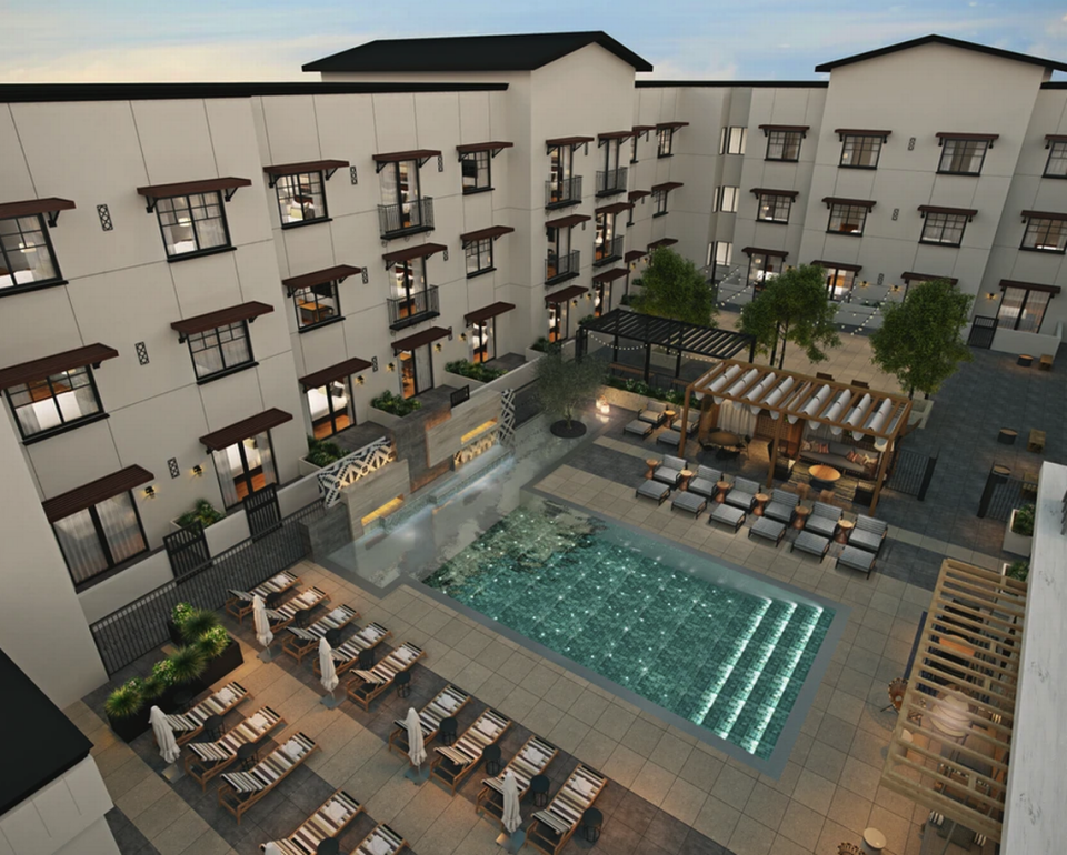 The four-story AVA Hotel in Paso Robles, seen here in a rendering, will feature a rooftop pool and bar catering to wine country tourists. The projected opening date is in spring or summer 2025.