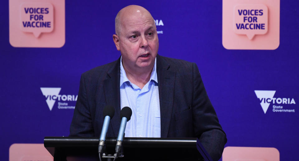 Victorian Treasurer Tim Pallas addresses the media during a press conference in Melbourne, Friday, October 1, 2021.