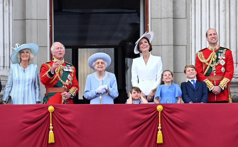 Camilla Duchess of Cornwall, Prince Charles, Queen Elizabeth II, Prince Louis, Catherine Duchess of Cambridge, Princess Charlotte, Prince George and Prince William Trooping The Colour - The Queen's Birthday Parade