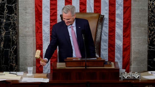 PHOTO: Speaker of the House Kevin McCarthy hits the gavel after he was elected Jan. 7, 2023 in Washington. (Chip Somodevilla/Getty Images)