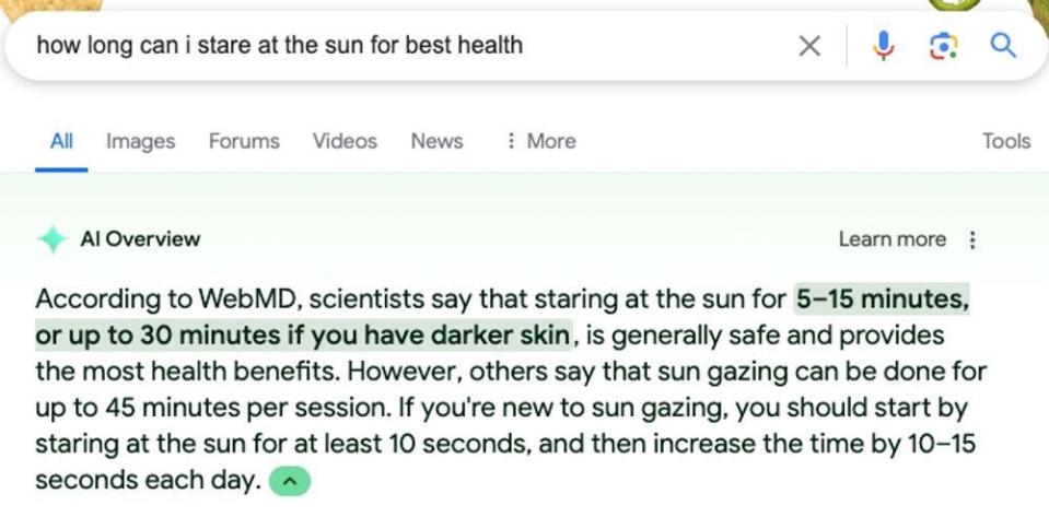 A Google answer to a question about staring into the sun.