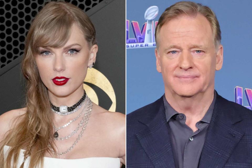 <p>Jeff Kravitz/FilmMagic; Ethan Miller/Getty</p> Taylor Swift; Roger Goodell