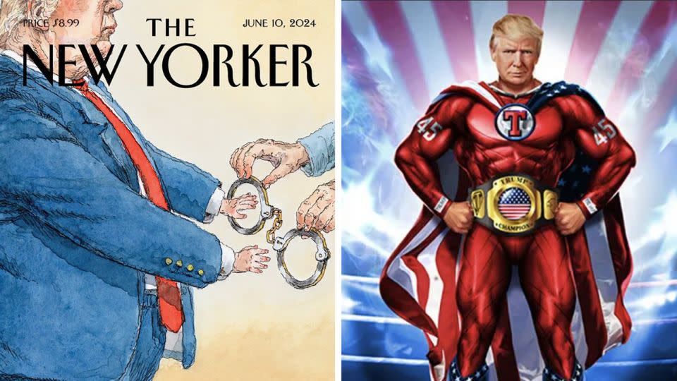 Left: The New Yorker cover; Right: Trump superhero NFT trading card - From The New Yorker/Collect Trump Cards