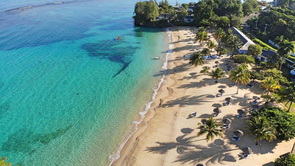 Aerial view of the beach at Jamaica Inn, voted one of the best resorts in the Caribbean