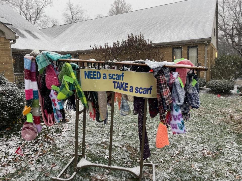 Scarves hang ready to be taken at 300 Medical Park Drive in Dover.