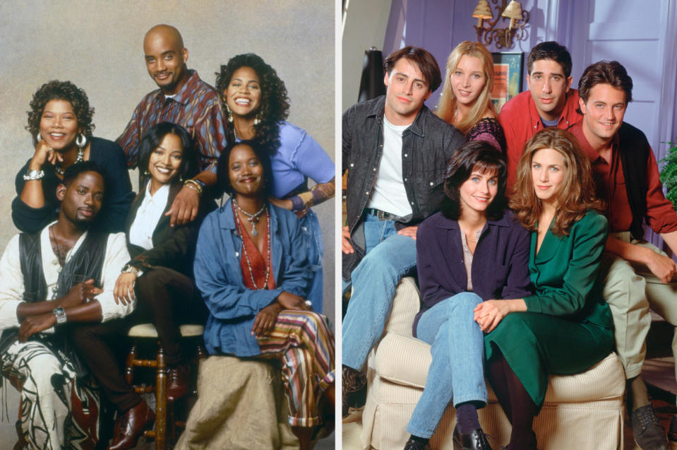 The cast of "Living Single" posing for a portrait; The cast of "Friends" posing for a portrait