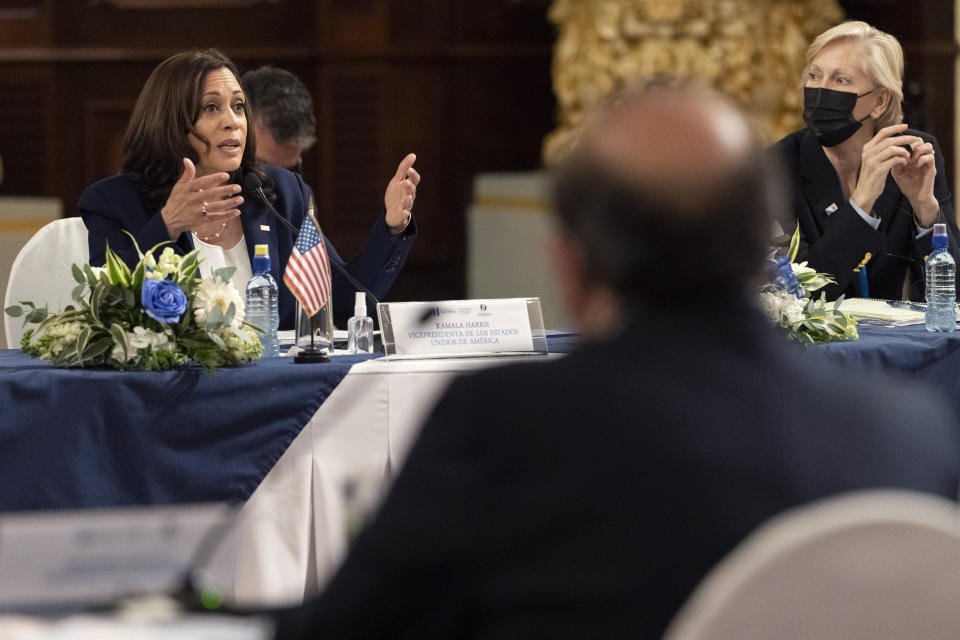 Vice President Kamala Harris, left, meets with Guatemalan President Alejandro Giammattei, Monday, June 7, 2021, at the National Palace in Guatemala City. (AP Photo/Jacquelyn Martin)