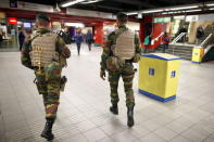Belgian soldiers patrol at the Central Station subway stop in Brussels, Belgium, November 25, 2015. REUTERS/Benoit Tessier