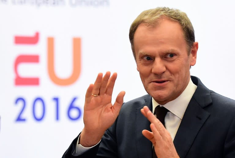 European Council President Donald Tusk answers questions during a press conference in Brussels, on February 2, 2016