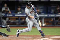 Detroit Tigers' Mark Canha lines a two-run single off Tampa Bay Rays pitcher Tyler Alexander during the fifth inning of a baseball game Wednesday, April 24, 2024, in St. Petersburg, Fla. (AP Photo/Chris O'Meara)