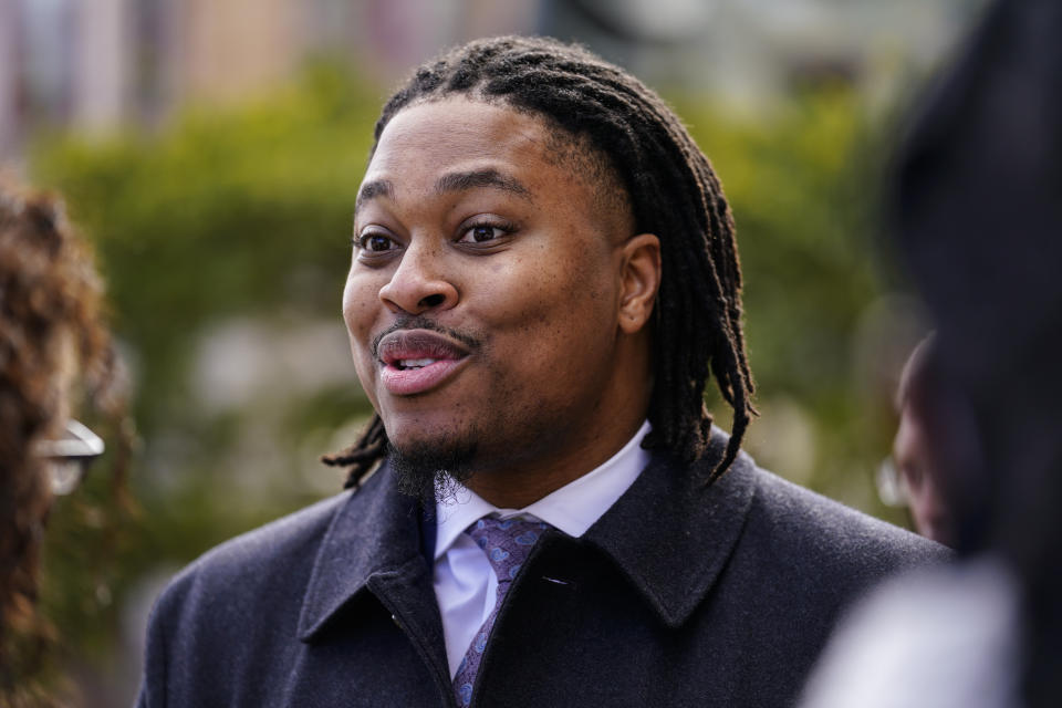 FILE - U.S. Senate candidate state Rep. Malcolm Kenyatta, D-Philadelphia, meets with Chester County officials and supporters at a campaign event in West Chester, Pa., Friday, Feb. 18, 2022. (AP Photo/Matt Rourke, File)