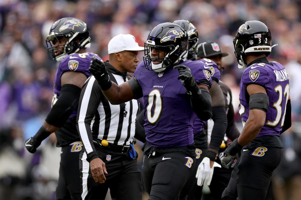 BALTIMORE, MARYLAND – JANUARY 28: Roquan Smith #0 of the Baltimore Ravens reacts during the first quarter against the Kansas City Chiefs in the AFC Championship Game at M&T Bank Stadium on January 28, 2024 in Baltimore, Maryland. (Photo by Patrick Smith/Getty Images)