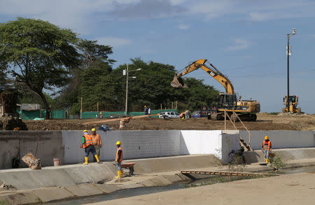 FILE PHOTO: Ecuadorean workers build a wall along the border between Peru and Ecuador in Aguas Verdes, Peru, June 8, 2017. REUTERS/ Nestor Quinones/File Photo