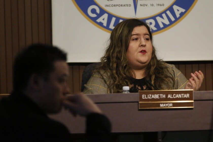 CUDAHY, CA - FEBRUARY 4, 2020 - Cudahy Mayor Elizabeth Alcantar presides over a city council meeting at Cudahy City Hall on February 4, 2020. Mayor Alcantar had to deal with the Delta fuel drop a week into her term and represents hope for residents after years of corruption scandals in the city. (Genaro Molina / Los Angeles Times)