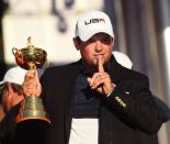 <p>Patrick Reed of the USA celebrates with the Ryder Cup at the Closing Ceremony of The 2016 Ryder Cup Matches at the Hazeltine National Golf Club in Chaska, Minnesota, USA. (Photo By Ramsey Cardy/Sportsfile via Getty Images)</p>