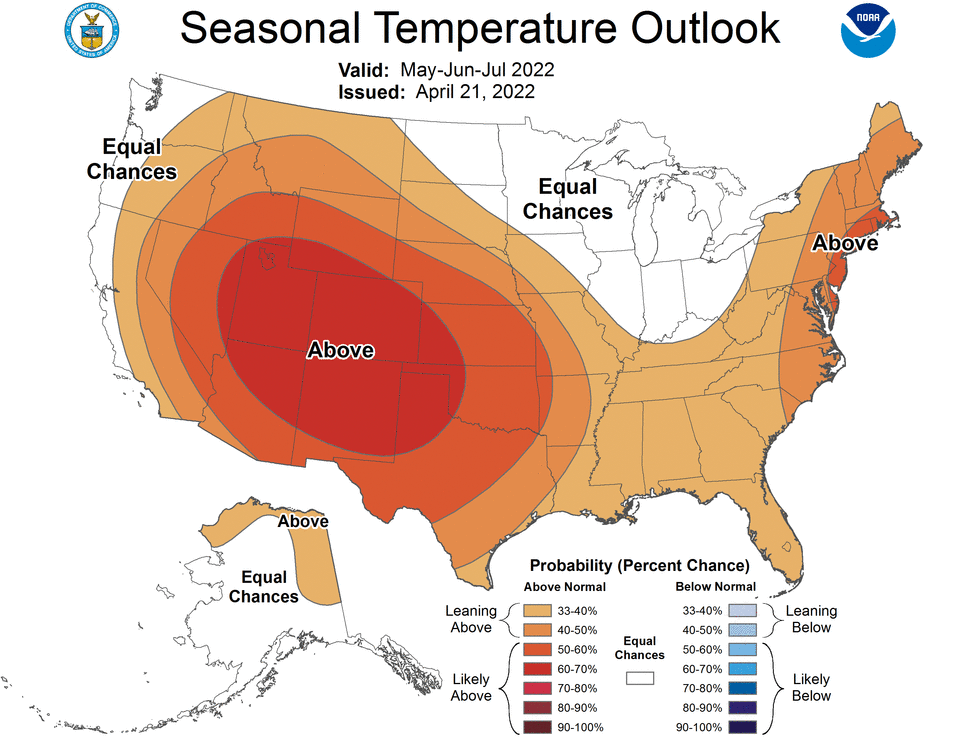 The seasonal outlook for May, June and July forecasts above normal temperatures in the Southwest to continue.