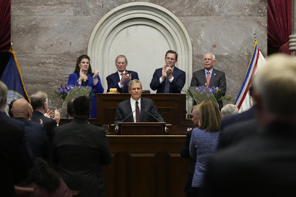 Gov. Bill Lee delivers his State of the State address in the House chamber Monday, Feb. 5, 2024, in Nashville, Tenn. (AP Photo/George Walker IV)