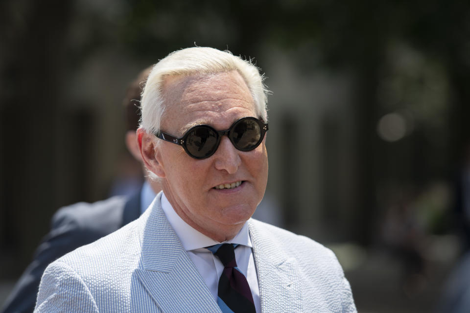 FILE - In this July 16, 2019, file photo, Roger Stone, a longtime confidant of President Donald Trump leaves federal court in Washington. Stone is going on trial on Nov. 5, over charges related to his alleged efforts to exploit the Russian-hacked Hillary Clinton emails for political gain. (AP Photo/Sait Serkan Gurbuz, File)