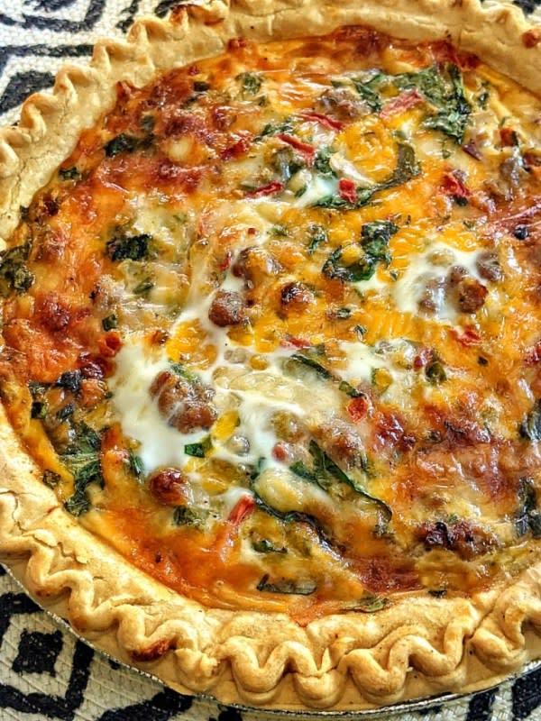 <p>My Pretty Brown Fit + Eats</p><p>This quiche is a combination of delicious flavors of ground sausage, four state cheddars and fresh vegetables! It makes a great addition to breakfast, brunch or any occasion!</p><p><strong>Get the recipe: <a href="https://www.myprettybrownfit.com/sausage-and-vegetable-quiche-with-four-blend-cheddar/" rel="nofollow noopener" target="_blank" data-ylk="slk:Sausage and Vegetable Quiche with Four-Blend Cheddar;elm:context_link;itc:0;sec:content-canvas" class="link ">Sausage and Vegetable Quiche with Four-Blend Cheddar</a></strong></p>