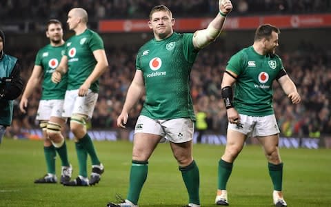 Tadhg Furlong of Ireland celebrates after the International Friendly rugby match between Ireland and New Zealand  - Credit: Getty