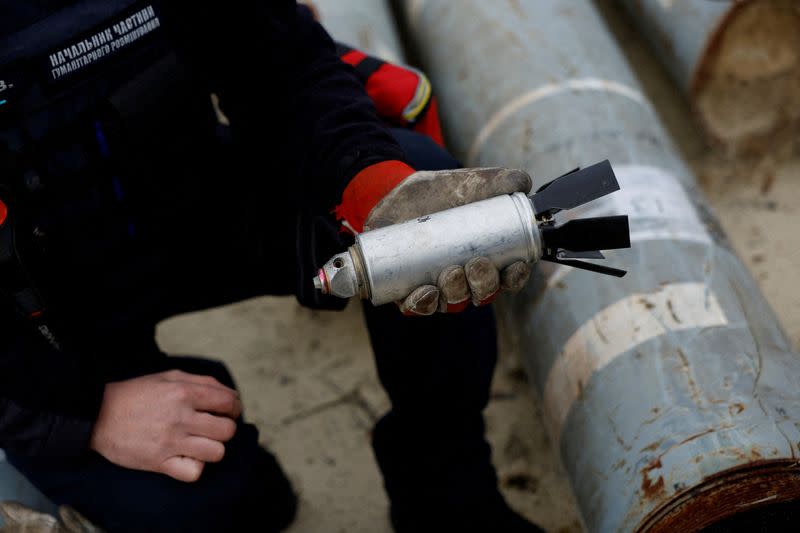 FILE PHOTO: Ukrainian military displays parts of rockets used by Russian army in the region of Kharkiv