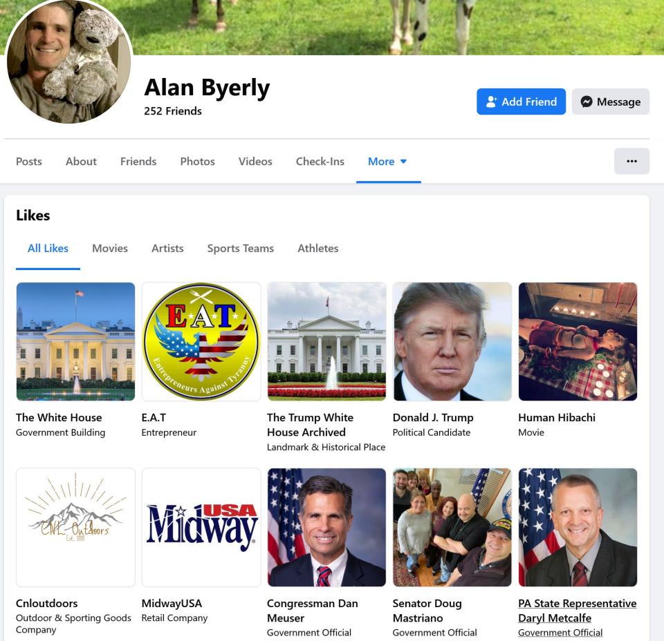 Alan Byerly's Facebook page shows that he "liked" Republican politicians who promoted false claims about election fraud.