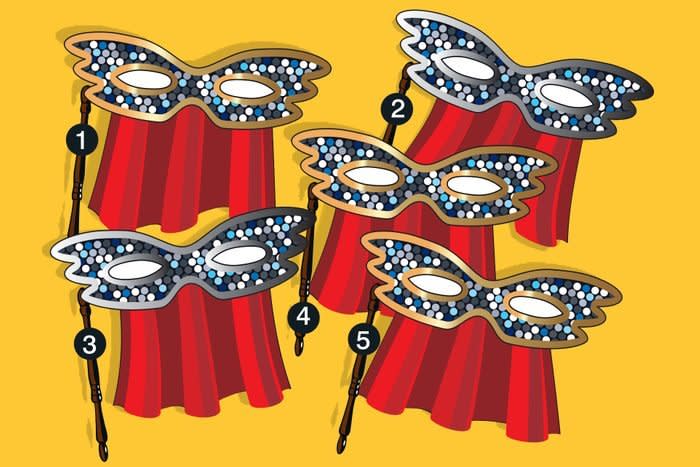 Illustration of five numbered carnival masks