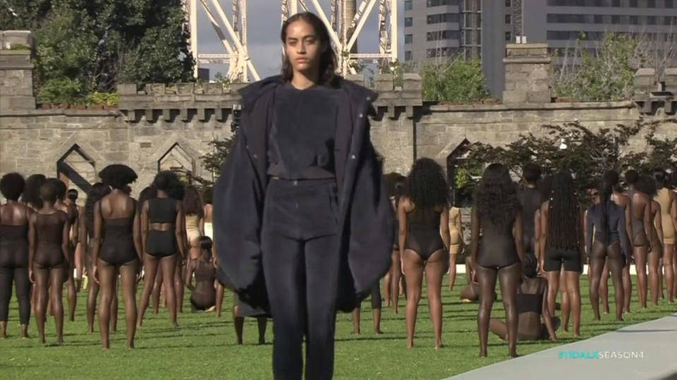 A model on the runway at the Yeezy Season 4 show in New York City.