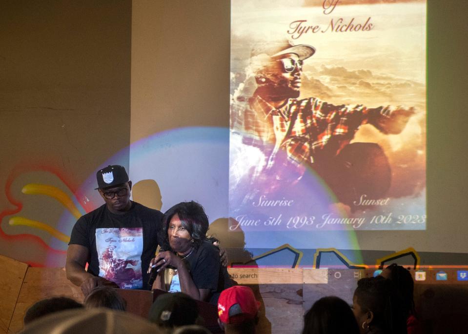 RowVaughn Wells, right, is comforted by her attorney Kareem Ali, as she speaks at a memorial for her son, Tyre Nichols, at the Sac Ramp Skate Shop in Sacramento, California on Saturday, Feb. 4, 2023. Nichols, who was beaten to death by Memphis police following a traffic stop in January, grew up in Sacramento and has ties to the skateboarding community.