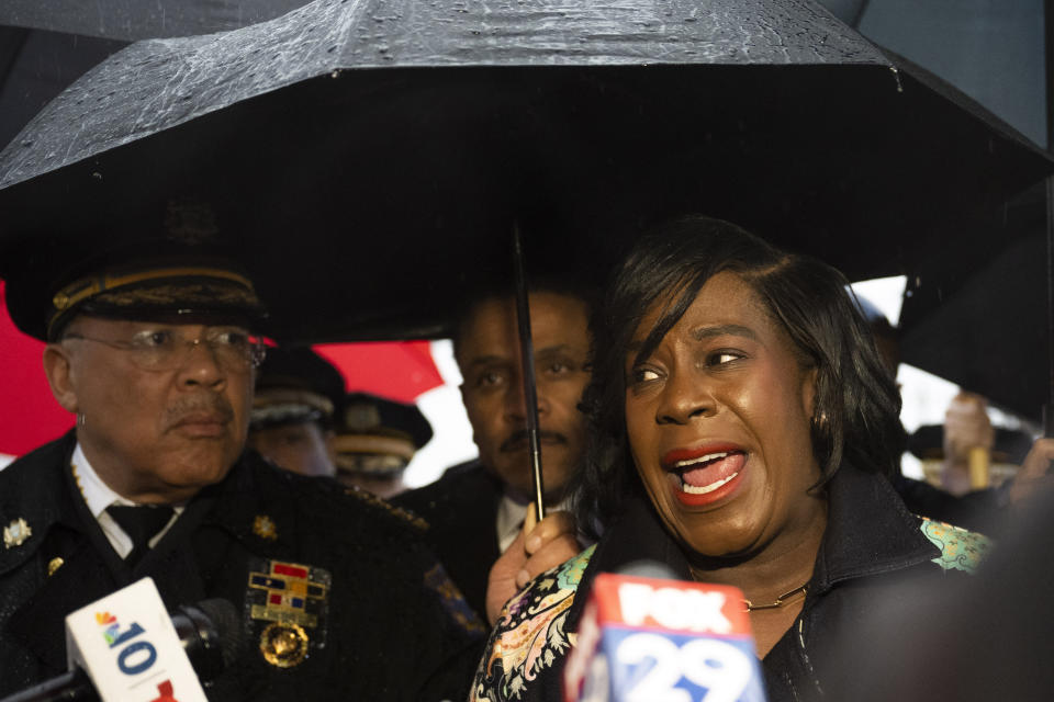 Philadelphia Mayor Cherelle Parker speaks with the media following a shooting in Northeast Philadelphia on Wednesday, March 6, 2024. Four shootings over four days in Philadelphia left three dead and 12 injured, many of them children — violence that put renewed focus on safety within the sprawling mass transit system and gave ammunition to critics of the city's progressive chief prosecutor. (AP Photo/Joe Lamberti)