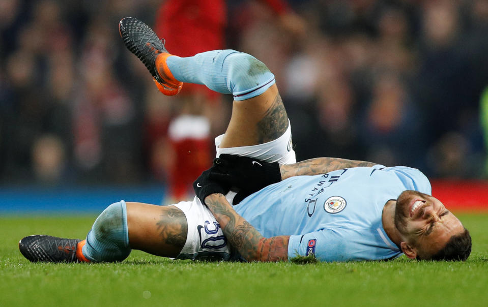 <p>Soccer Football – Champions League Quarter Final Second Leg – Manchester City vs Liverpool – Etihad Stadium, Manchester, Britain – April 10, 2018 Manchester City’s Nicolas Otamendi reacts being fouled REUTERS/Darren Staples </p>