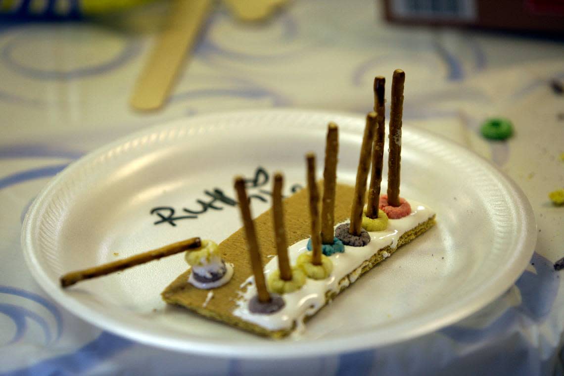 Children got creative with this menorah. made from food