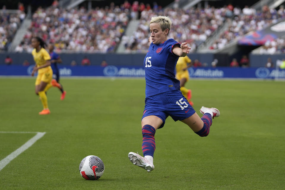 United States forward Megan Rapinoe passes the ball but a goal is declared offsides during the first half of a soccer game against South Africa Sunday, Sept. 24, 2023, in Chicago. (AP Photo/Erin Hooley)
