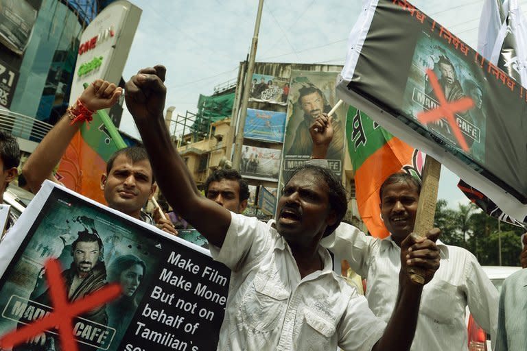 Indian Tamils protest against the release of "Madras Cafe" in Mumbai on August 22, 2013. The Bollywood spy thriller set against the backdrop of the Sri Lankan civil war has been pulled from British and some Indian theatres after protests over its depiction of rebel fighters