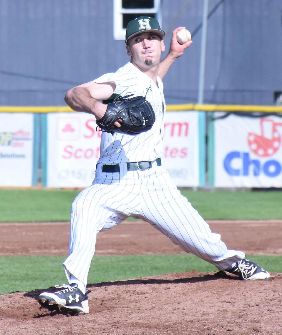 Amsterdam native Dale Stanavich, pictured pitching for Herkimer College at the NJCAA's 2019 Region III Tournament at Veterans Memorial Park in Little Falls, was selected by the Miami Marlins Monday in the eighth round of Major League Baseball's entry draft.