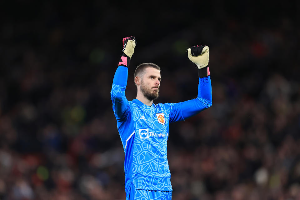 MANCHESTER, ENGLAND - MARCH 19: Manchester United goalkeeper David de Gea celebrates victory after the Emirates FA Cup Quarter Final match between Manchester United and Fulham at Old Trafford on March 19, 2023 in Manchester, England. (Photo by Simon Stacpoole/Offside/Offside via Getty Images)