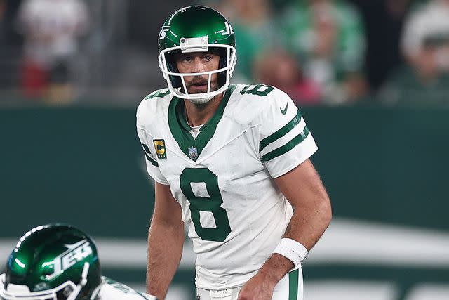 <p>Elsa/Getty</p> Quarterback Aaron Rodgers #8 of the New York Jets