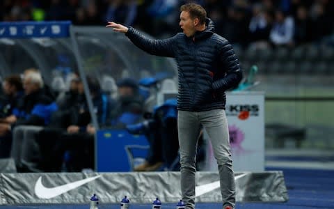 Julian Nagelsmann reacts from the sidelines during the German first division Bundesliga football match Hertha BSC Berlin - Credit: AFP